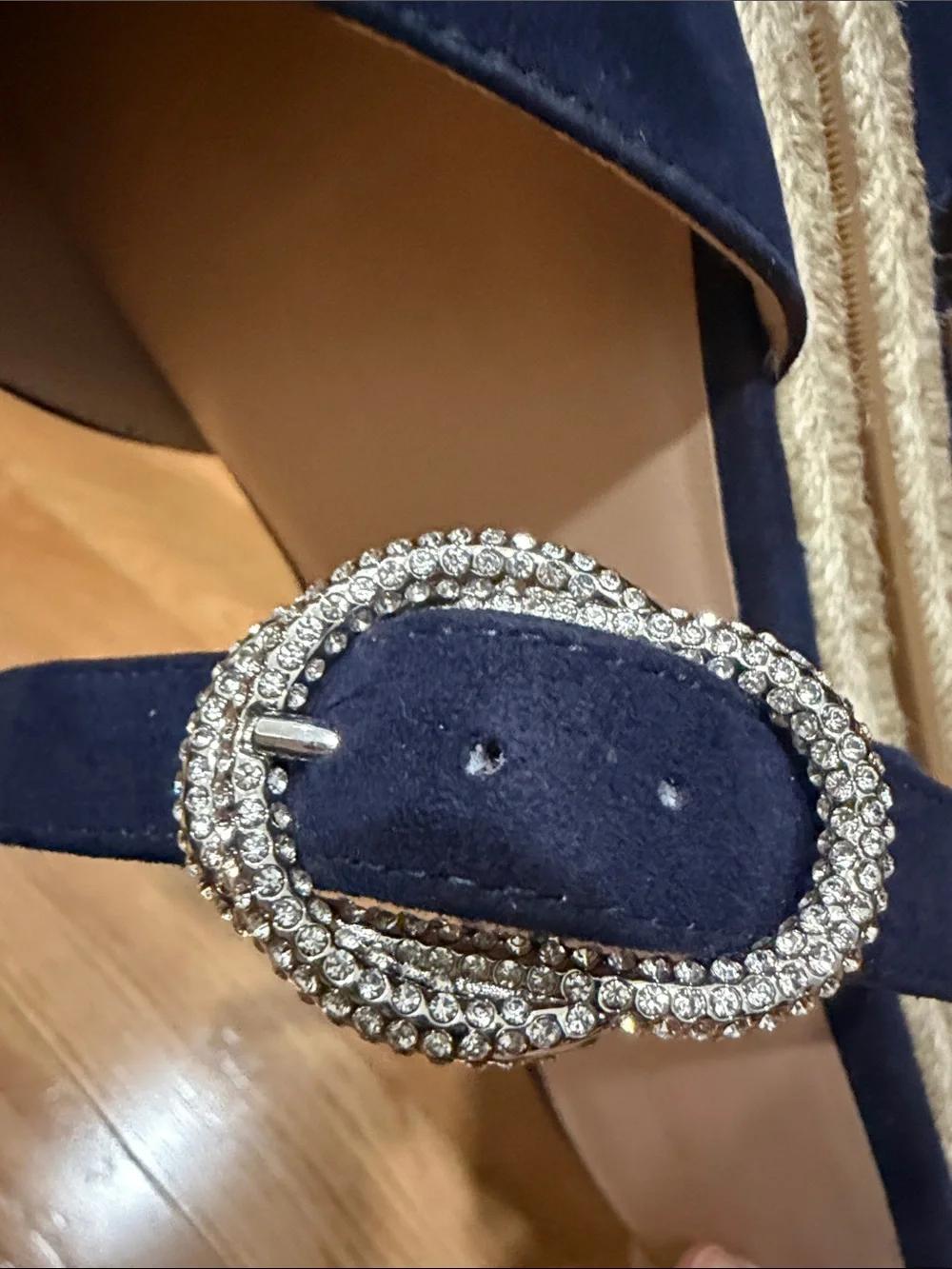 Stuart Weitzman Navy Suede Espadrille Slide with Crystal Buckle
